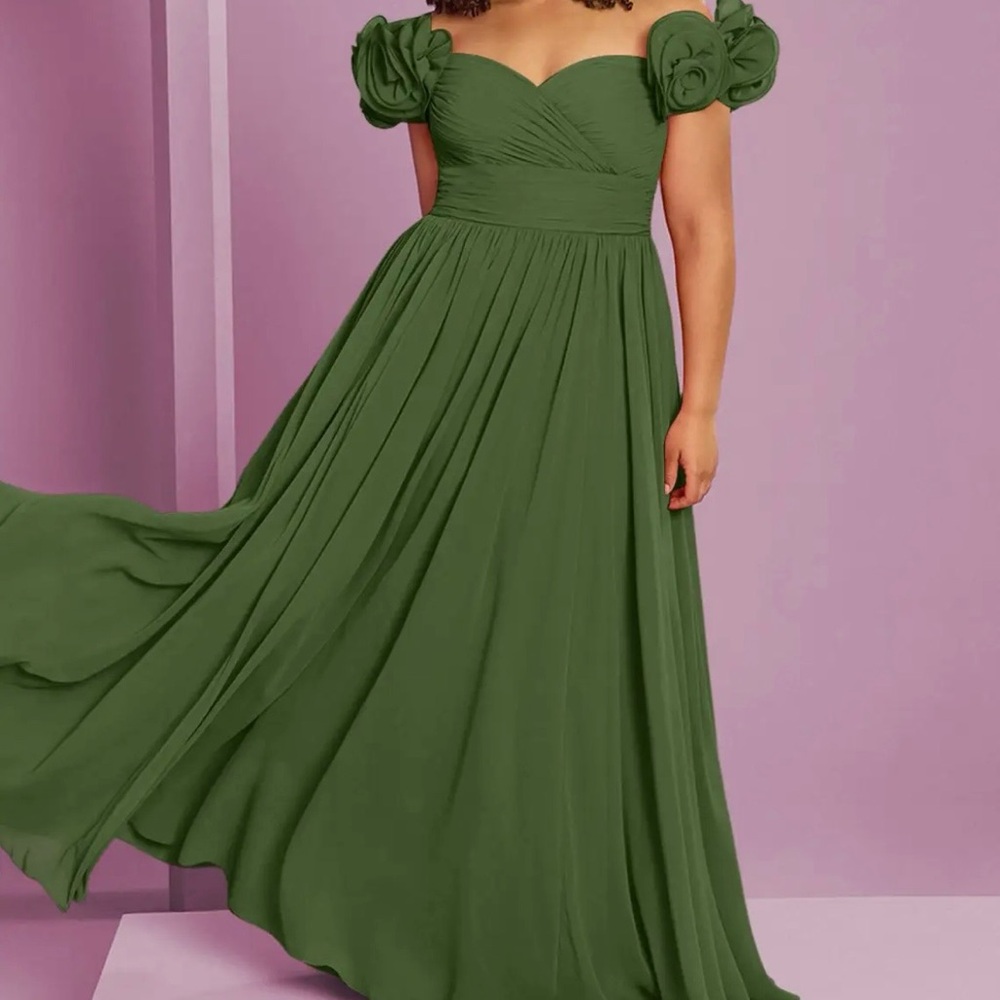 Barbie by Azazie A-Line Off Shoulder Chiffon Convertible Dress Olive Green NWT - Picture 5 of 11